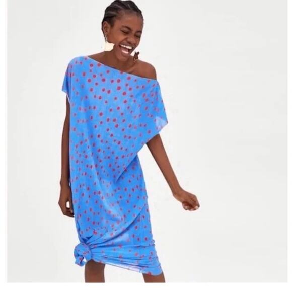 Zara Trafaluc Dress Women's Medium Blue/Red Polka Dots Cap Sleeve Pleated Midi - Picture 2 of 7